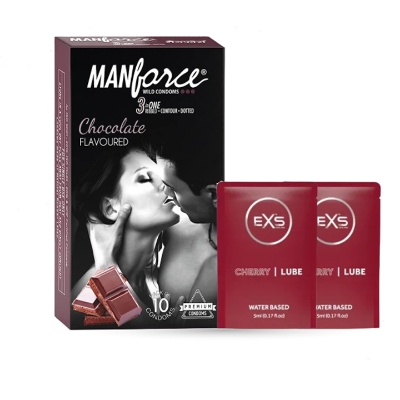 Picture of Manforce Chocolate Flavor Condoms 10pcs Pack & EXS CHERRY Flavored Water Based Lubricant 5ml 2 Pack | Wedding, Honeymoon, Valentine Couple Combo Pack