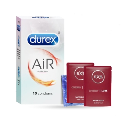 Picture of Durex Air Ultra Thin Condom 10pcs Pack & EXS CHERRY Flavored Water Based Lubricant 5ml 2 Pack | Wedding, Honeymoon, Valentine Couple Combo Pack