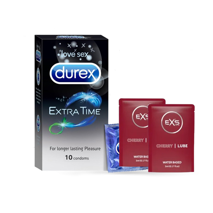 Picture of Durex Extra Time Condom 10pcs Pack & EXS CHERRY Flavored Water Based Lubricant 5ml 2 Pack | Wedding, Honeymoon, Valentine Couple Combo Pack