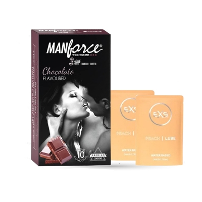 Picture of Manforce Chocolate Flavor Condoms 10pcs Pack & EXS PEACH Flavored Water Based Lubricant 5ml 2 Pack | Wedding, Honeymoon, Valentine Couple Combo Pack