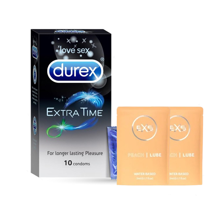 Picture of Durex Extra Time Condom 10pcs Pack & EXS PEACH Flavored Water Based Lubricant 5ml 2 Pack | Wedding, Honeymoon, Valentine Couple Combo Pack