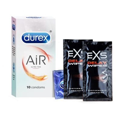 Picture of Durex Air Ultra Thin Condom 10pcs Pack & EXS Delay Wipes 2pcs Long Lasting Extra Time Wipes | Wedding, Honeymoon, Valentine Couple Combo Pack