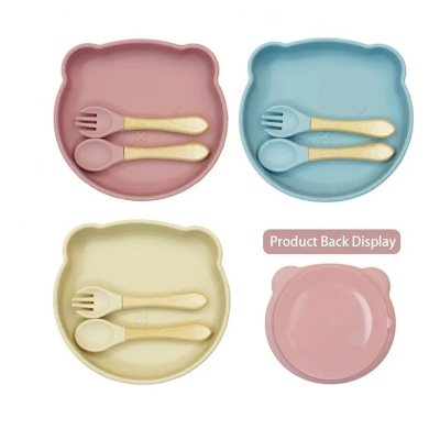 Picture of Baby Feeding Set 1Plate+2Spoon Set Multicolor Silicone | Food Grade Silicone Dining Plate Combination Baby Feeding Dining Plate Cartoon Kids Dishes Eating Training Accessories