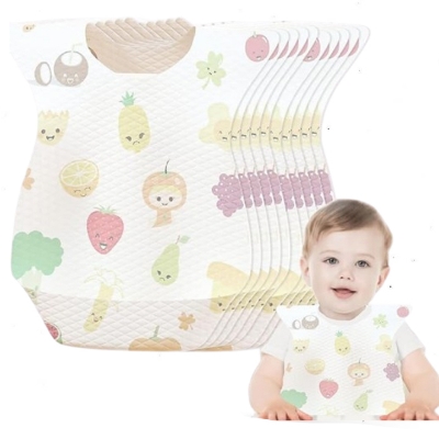 Picture of 10pcs Baby Smile Disposable Bibs Baby Bib Waterproof with Food Catcher Pocket Suitable for Toddlers, Feeding, Traveling, Outdoor Use, Fruit pattern