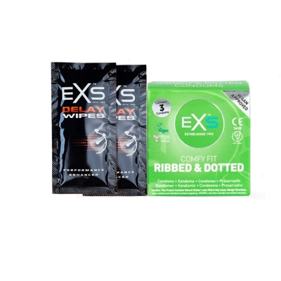 Picture of Valentine Day Special Combo Pack | EXS Delay Wipes 2pcs & EXS Ribbed & Dotted Condom 3pcs Pack | UK | Condom & Lube Combo for Valentine Lover Couple, Married Couple Gift
