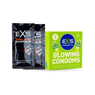 Picture of Valentine Day Special Combo Pack | EXS Delay Wipes 2pcs & EXS Glow in the Dark Condom 3pcs Pack | UK | Condom & Lube Combo for Valentine Lover Couple, Married Couple Gift