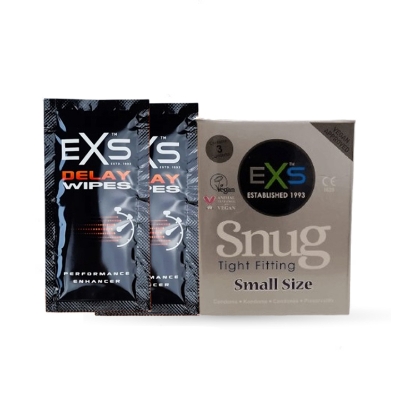Picture of Valentine Day Special Combo Pack | EXS Delay Wipes 2pcs & EXS Snug Tight Fit Small Condom 3pcs Pack | UK | Condom & Lube Combo for Valentine Lover Couple, Married Couple Gift