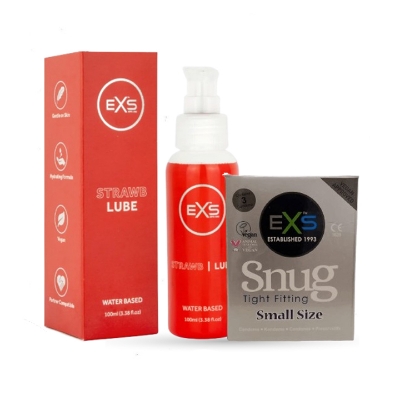 Picture of Valentine Day Special Combo Pack | EXS Strawberry Flavor Water-Based Lube 100ml & EXS Snug Tight Fit Small Condom 3pcs Pack | UK | Condom & Lube Combo for Valentine Lover Couple, Married Couple Gift