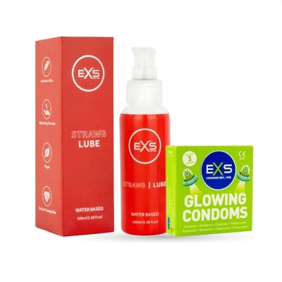Picture of Valentine Day Special Combo Pack | EXS Strawberry Flavor Water-Based Lube 100ml & EXS Glow in the Dark Condom 3pcs Pack | UK | Condom & Lube Combo for Valentine Lover Couple, Married Couple Gift
