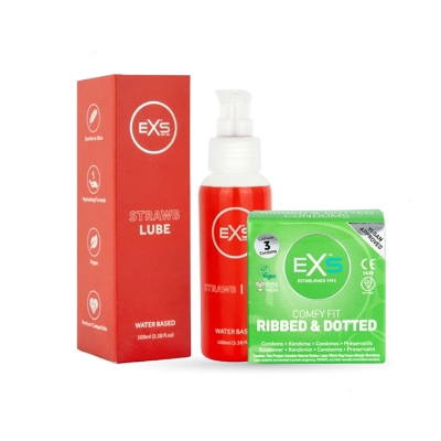 Picture of Valentine Day Special Combo Pack | EXS Strawberry Flavor Water-Based Lube 100ml & EXS Ribbed & Dotted Condom 3pcs Pack | UK | Condom & Lube Combo for Valentine Lover Couple, Married Couple Gift