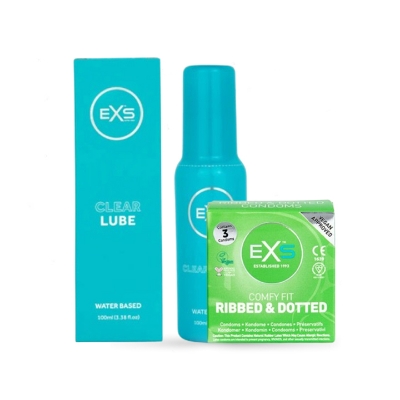 Picture of Valentine Day Special Combo Pack | EXS Clear Water Based Lubricant 100ml & EXS Ribbed & Dotted Condom 3pcs Pack | UK | Condom & Lube Combo for Valentine Lover Couple, Married Couple Gift