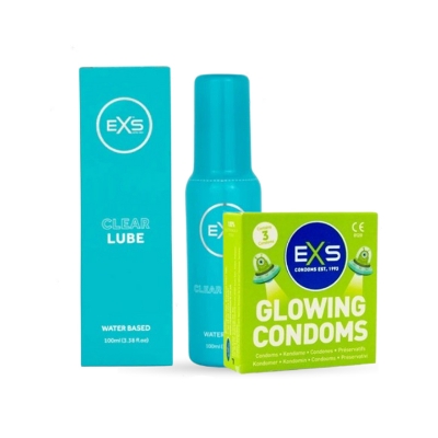 Picture of Valentine Day Special Combo Pack | EXS Clear Water Based Lubricant 100ml & EXS Glow in the Dark Condom 3pcs Pack | UK | Condom & Lube Combo for Valentine Lover Couple, Married Couple Gift