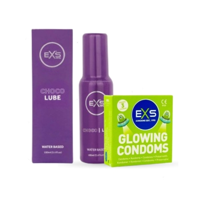 Picture of Valentine Day Special Combo Pack | EXS Chocolate Flavor Water Based Lubricant 100ml & EXS Glow in the Dark Condom 3pcs Pack | UK | Condom & Lube Combo for Valentine Lover Couple, Married Couple Gift