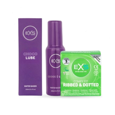 Picture of Valentine Day Special Combo Pack | EXS Chocolate Flavor Water Based Lubricant 100ml & EXS Ribbed & Dotted Condom 3pcs Pack | UK | Condom & Lube Combo for Valentine Lover Couple, Married Couple Gift