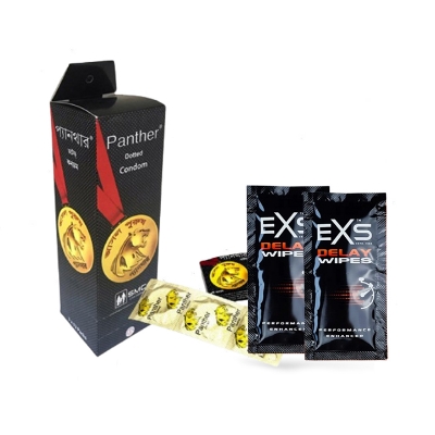 Picture of Valentine Day Special Combo Pack | EXS Delay Wipes 2pcs & Panther Dotted Condom Full Box 12x3=36pcs Condom | Condom & Lube Combo for Valentine Lover Couple, Married Couple Gift