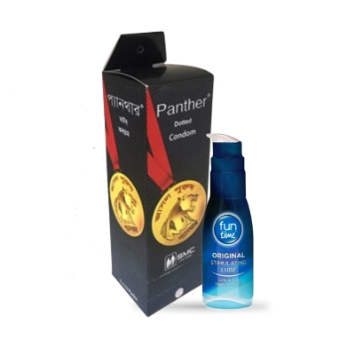 Picture of Valentine Day Special Combo Pack | Fun Time Original Water-Based Lubricant 75ml & Panther Dotted Condom Full Box 12x3=36pcs Condom | Condom & Lube Combo for Valentine Lover Couple, Married Couple Gift