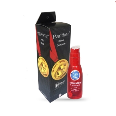 Picture of Valentine Day Special Combo Pack | Fun Time Strawberry Lubricant 75ml & Panther Dotted Condom Full Box 12x3=36pcs Condom | Condom & Lube Combo for Valentine Lover Couple, Married Couple Gift