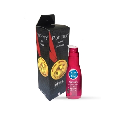 Picture of Valentine Day Special Combo Pack | Fun Time Cherry Flavor Lubricant 75ml & Panther Dotted Condom Full Box 12x3=36pcs Condom | Condom & Lube Combo for Valentine Lover Couple, Married Couple Gift