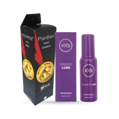 Picture of Valentine Day Special Combo Pack | EXS Chocolate Flavor Water Based Lubricant 100ml & Panther Dotted Condom Full Box 12x3=36pcs Condom | Condom & Lube Combo for Valentine Lover Couple, Married Couple Gift