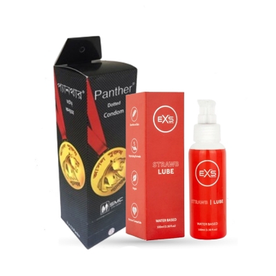 Picture of Valentine Day Special Combo Pack | EXS Strawberry Flavor Water Based Lubricant 100ml & Panther Dotted Condom Full Box 12x3=36pcs Condom | Condom & Lube Combo for Valentine Lover Couple, Married Couple Gift