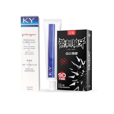 Picture of Valentine Day Special Combo Pack | KY Jelly Water Based Personal Lubricant 50g & 12pcs Wolf Tooth 9D Large Dots Condom for Men Women G Dot Stimulation Spike With Nubs | Condom & Lube Combo for Valentine Lover Couple, Married Couple Gift