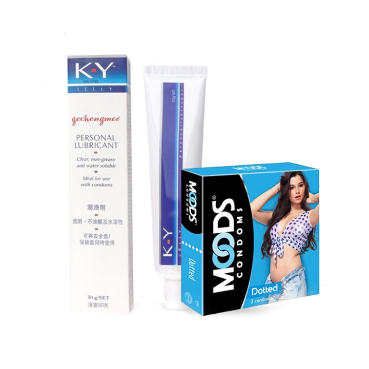Picture of Valentine Day Special Combo Pack | KY Jelly Water Based Personal Lubricant 50g & 3pcs Blue Pack Moods Dotted Condom | Condom & Lube Combo for Valentine Lover Couple, Married Couple Gift