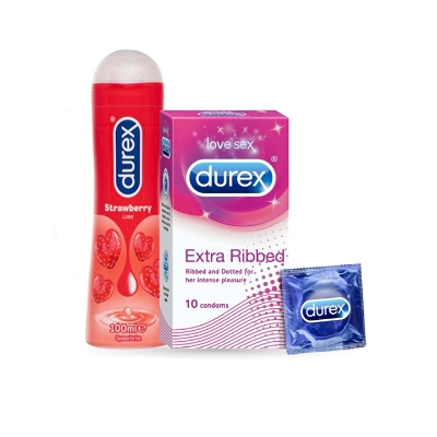 Picture of Valentine Day Special Combo Pack | Durex Lube Strawberry Flavor Lubricant Gel 100g & 10pcs/ 3pcs Durex Extra Ribbed Condom | Condom & Lube Combo for Valentine Lover Couple, Married Couple Gift