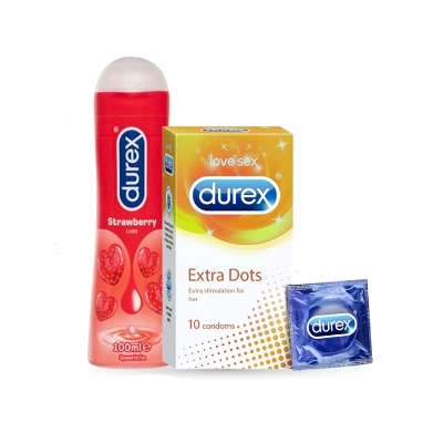 Picture of Valentine Day Special Combo Pack | Durex Lube Strawberry Flavor Lubricant Gel 100g & 10pcs/ 3pcs Durex Extra Dots Condom | Condom & Lube Combo for Valentine Lover Couple, Married Couple Gift