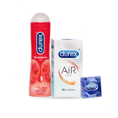 Picture of Valentine Day Special Combo Pack | Durex Lube Strawberry Flavor Lubricant Gel 100g & 10pcs/ 3pcs Durex Air Ultra Thin Condom | Condom & Lube Combo for Valentine Lover Couple, Married Couple Gift