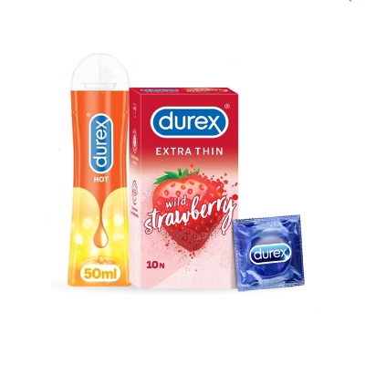 Picture of Valentine Day Special Combo Pack | Durex Hot Lubricant Gel 50ml & 10pcs/ 3pcs Durex Extra Thin Strawberry Flavor | Condom & Lube Combo for Valentine Lover Couple, Married Couple Gift