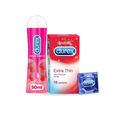 Picture of Valentine Day Special Combo Pack | Durex Crazy Cherry Flavor Water-based Lube 50ml & 10pcs/ 3pcs Durex Extra Thin Condom | Condom & Lube Combo for Valentine Lover Couple, Married Couple Gift