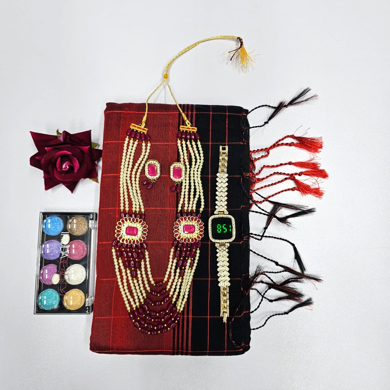 Buy Combo Pack for Women - Sharee+Watches+Neckless Set+Make Up Box+Flowers at best price In Bangladesh