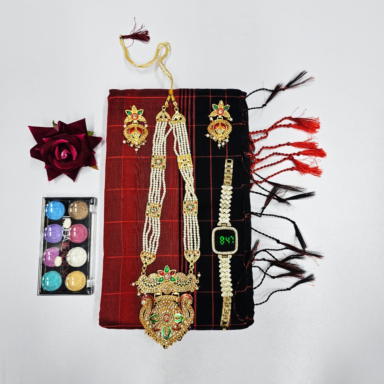 Buy Combo Pack for Women - Sharee+Watches+Neckless Set+Make Up Box+Flowers at best price In Bangladesh