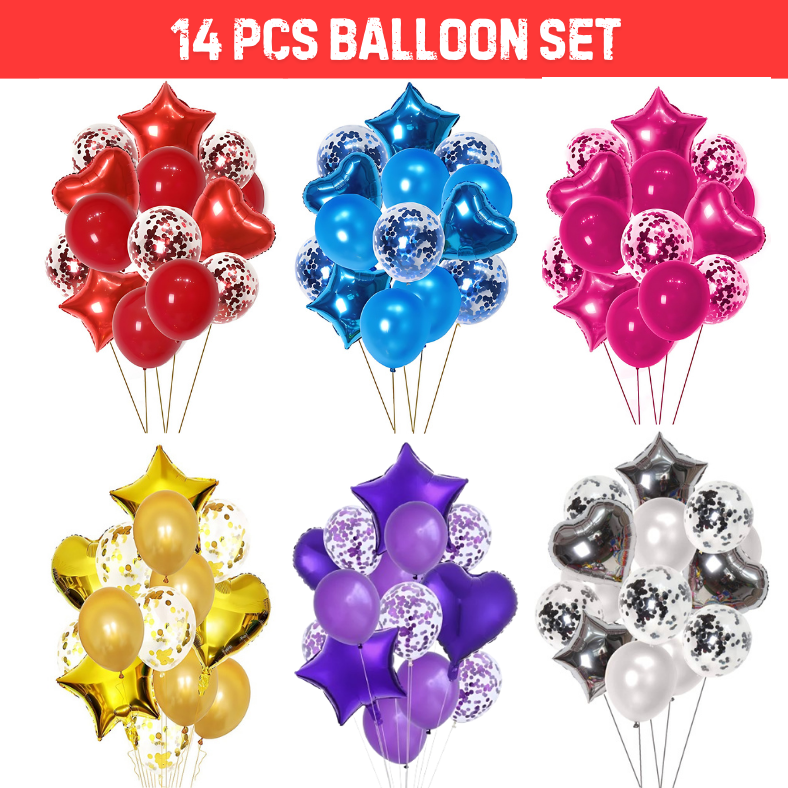 14 PCS Balloon Combo Pack for Anniversaries, Birthdays, and Special Occasions - Perfect for Home, Restaurants, and Showroom Decorations-(Pack of 14 Pcs)