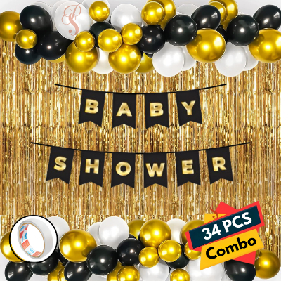 Golden Glamour Baby Shower Celebration: Metallic Balloons Banner, Backdrop Curtain, with Both Side Tape - Full Package (Pack of 34 Pcs)
