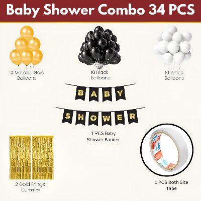 Golden Glamour Baby Shower Celebration: Metallic Balloons Banner, Backdrop Curtain, with Both Side Tape - Full Package (Pack of 34 Pcs)