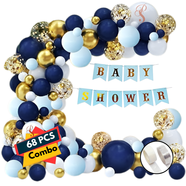Baby Shower Party Decorations: Card Banner, Metallic Balloons, Confetti & Arch With Both Side Tape - Complete Set for Celebration (68 Pcs)