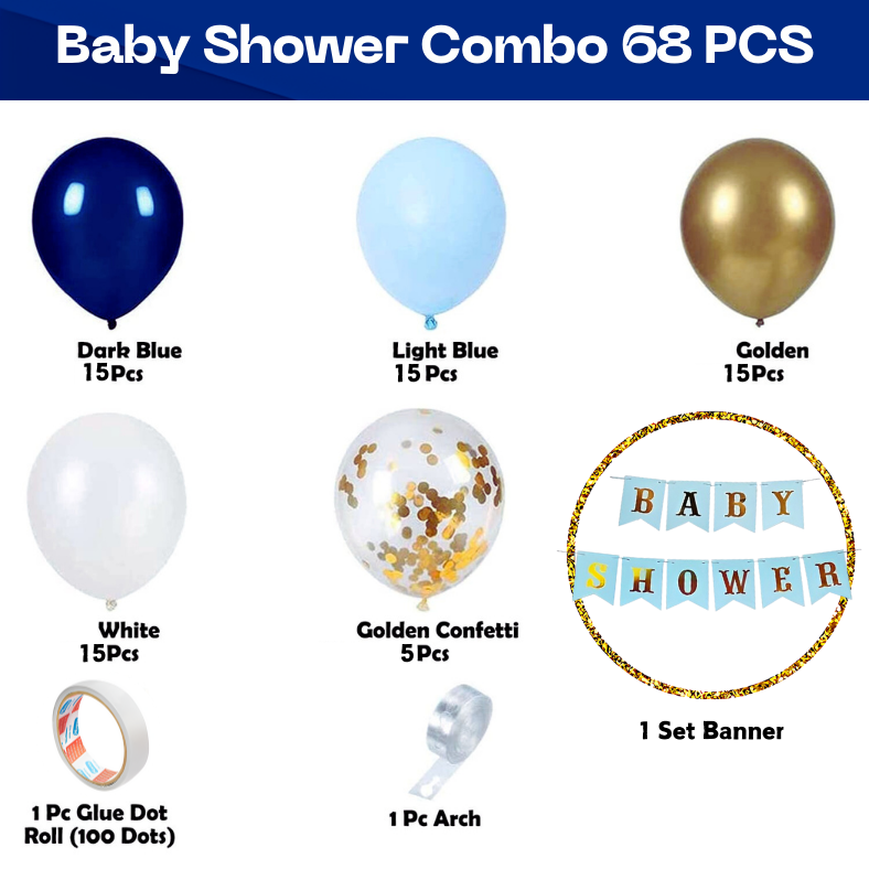 Baby Shower Party Decorations: Card Banner, Metallic Balloons, Confetti & Arch With Both Side Tape - Complete Set for Celebration (68 Pcs)