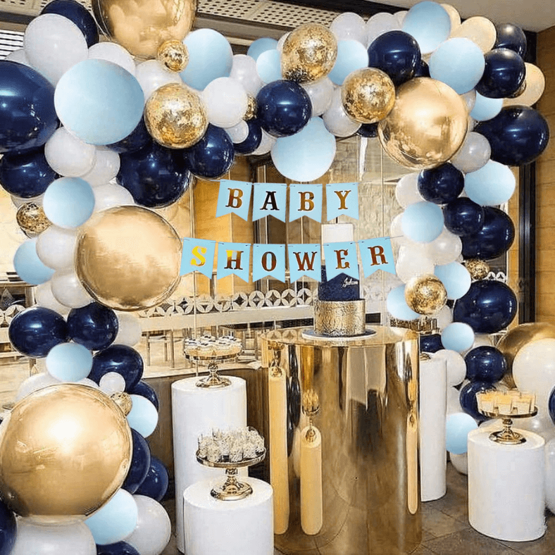 Baby Shower Party Decorations: Card Banner, Metallic Balloons, Confetti & Arch With Both Side Tape - Complete Set for Celebration (68 Pcs)