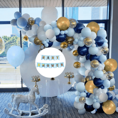 Baby Shower Party Decorations: Card Banner, Metallic Balloons, Confetti & Arch With Both Side Tape - Complete Set for Celebration (68 Pcs)