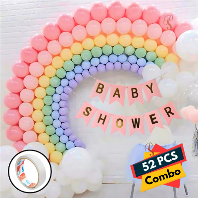 Celebrate Baby Shower Arrival: Pink Card Banner, Pastel Balloons & Both Site Tape - Full Decoration Set (52 Pcs)