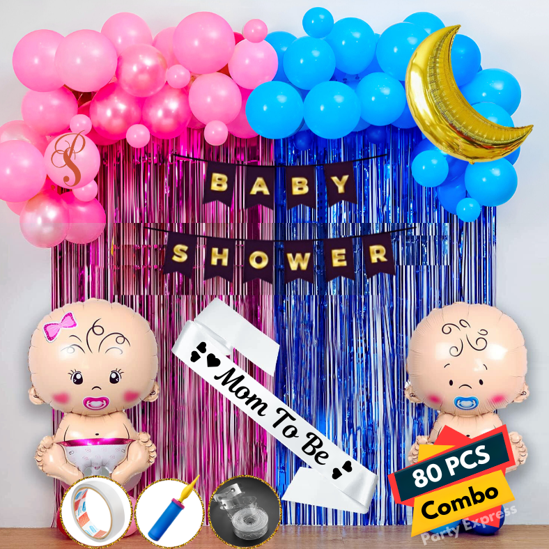 Baby Shower Combo- Banner, Balloons, Foil Curtain, Moon Foil, Tape, Pumper & Arch for Maternity, Pregnancy Photoshoot Decor- (Pack of 80 Pcs)