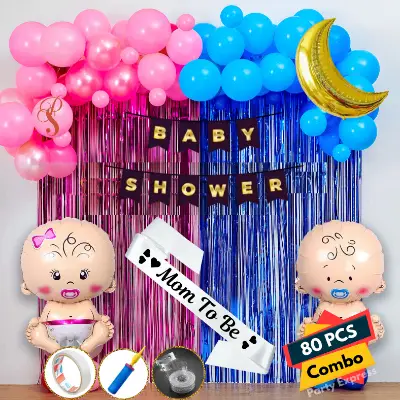 Baby Shower Combo- Banner, Balloons, Foil Curtain, Moon Foil, Tape, Pumper & Arch for Maternity, Pregnancy Photoshoot Decor- (Pack of 80 Pcs)
