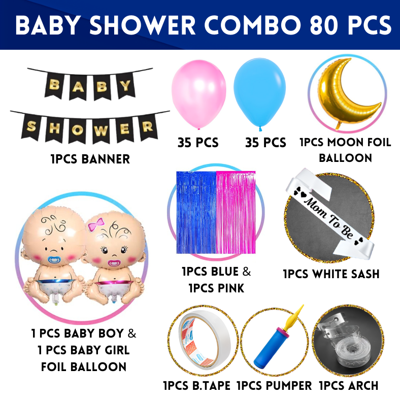 Baby Shower Combo- Banner, Balloons, Foil Curtain, Moon Foil, Tape, Pumper & Arch for Maternity, Pregnancy Photoshoot Decor- (Pack of 80 Pcs)
