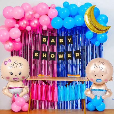 Baby Shower Combo- Banner, Balloons, Foil Curtain, Moon Foil, Tape, Pumper & Arch for Maternity, Pregnancy Photoshoot Decor- (Pack of 80 Pcs)