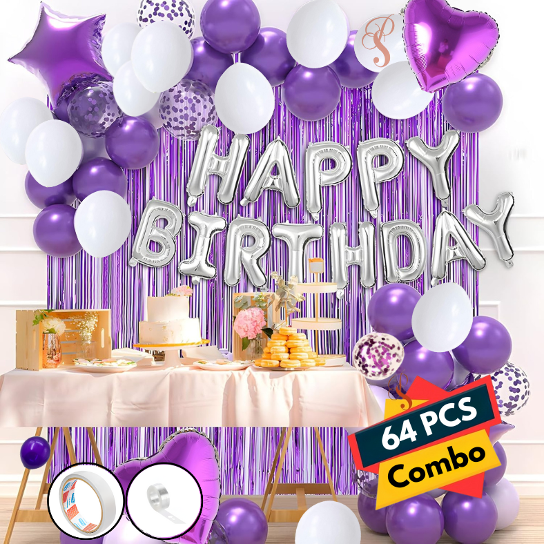 Birthday Combo Pack Purple Theme- Foil Banner, Backdrop Curtains, Metallic Balloons, Confetti, Arch, Both Site Tape, Star & Love Foil Balloon - Full Package (64 Pieces)