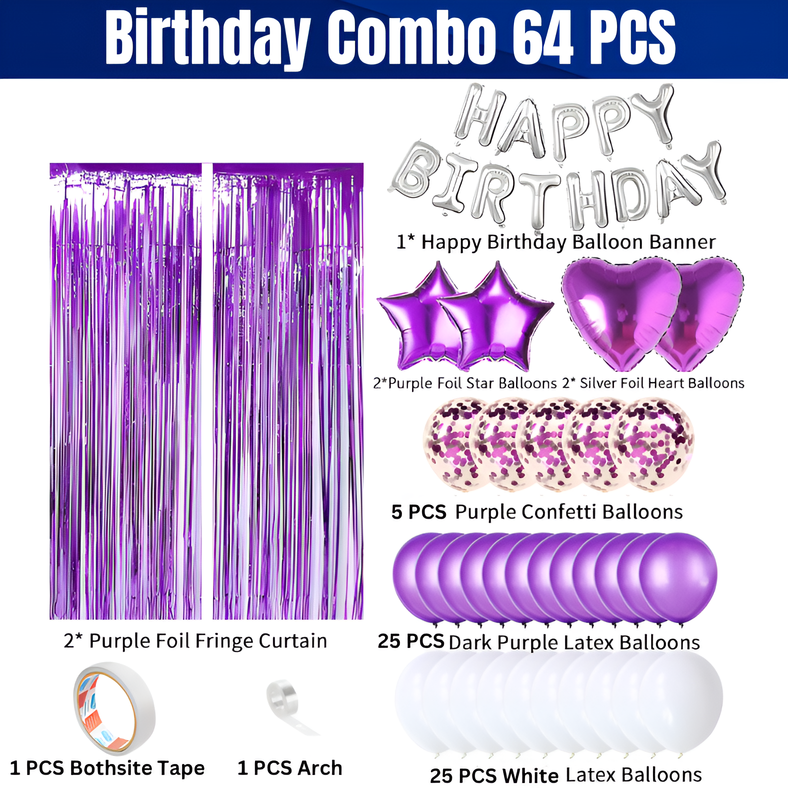Birthday Combo Pack Purple Theme- Foil Banner, Backdrop Curtains, Metallic Balloons, Confetti, Arch, Both Site Tape, Star & Love Foil Balloon - Full Package (64 Pieces)