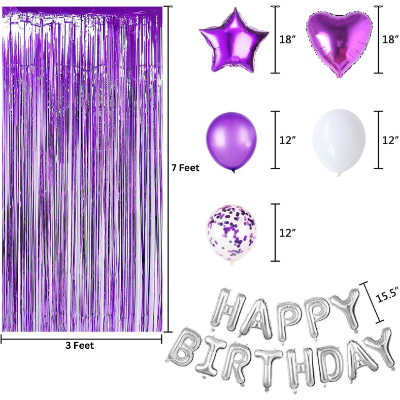 Birthday Combo Pack Purple Theme- Foil Banner, Backdrop Curtains, Metallic Balloons, Confetti, Arch, Both Site Tape, Star & Love Foil Balloon - Full Package (64 Pieces)