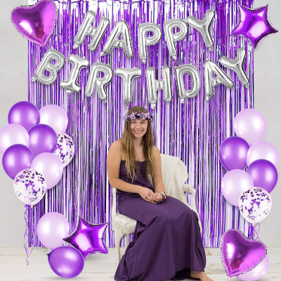 Birthday Combo Pack Purple Theme- Foil Banner, Backdrop Curtains, Metallic Balloons, Confetti, Arch, Both Site Tape, Star & Love Foil Balloon - Full Package (64 Pieces)
