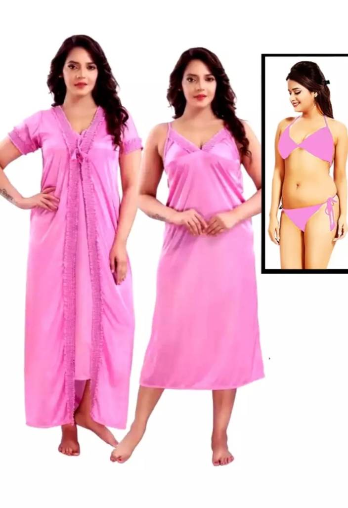 Buy 4-Part Satin Solid Women's Nighty Set - Elegant and Comfortable Night Dress for Women- Enjoy a Night of Blissful Sleep at best Price In Bangladesh